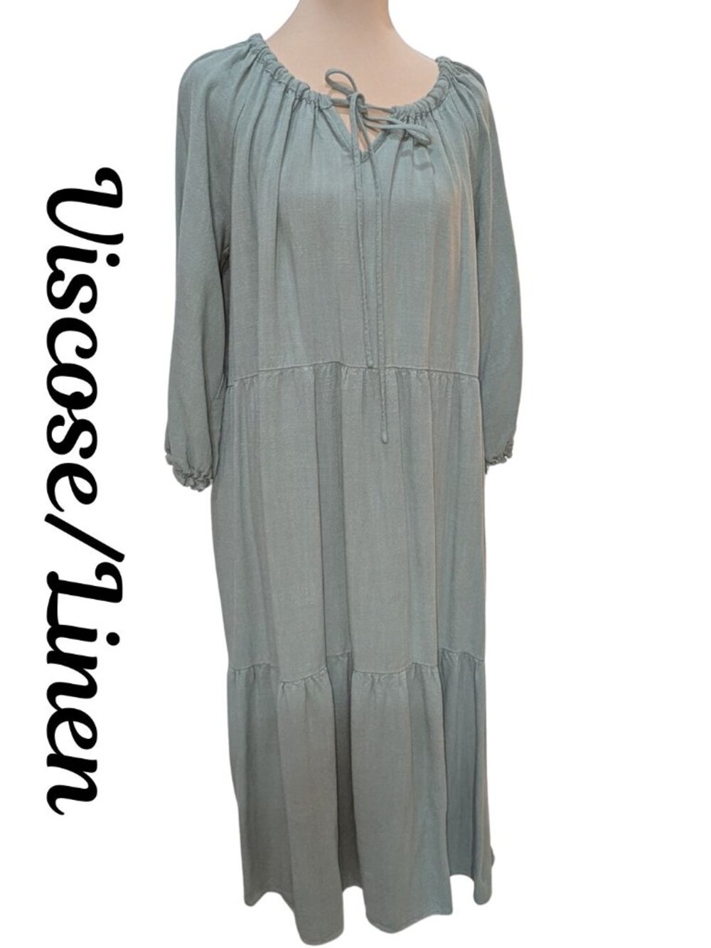 Worth Collective Sage Green Viscose Linen Blend Tiered Maxi Dress